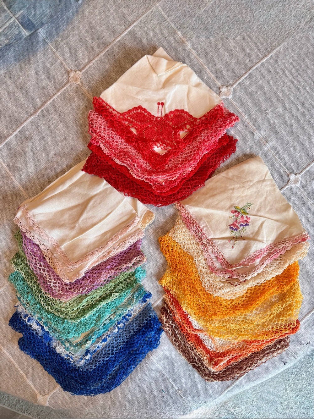 Handmade Crochet-Edge Pure Irish  Linen with Assorted Colored Trims